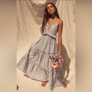 NWT Lulu’s blue and gray striped halter maxi dress